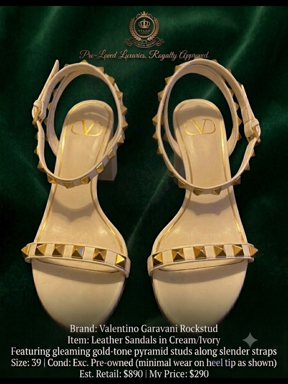 *PRE-LOVED* Valentino Garavani Cream Leather Rockstud Sandals with Gold Studs